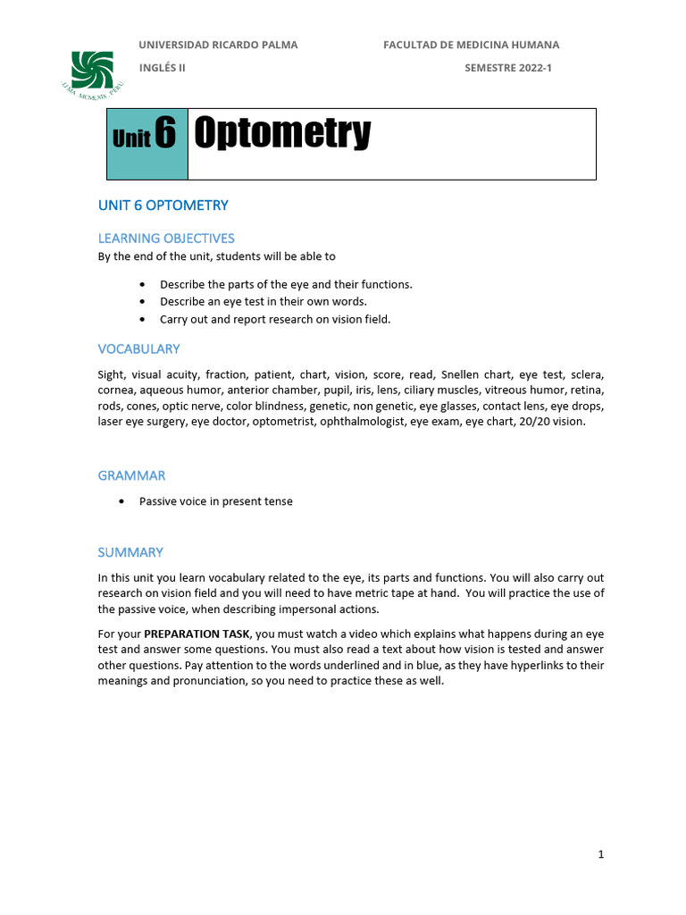 UNIT 6 Student Handout2022 | PDF | Eye | Visual Acuity
