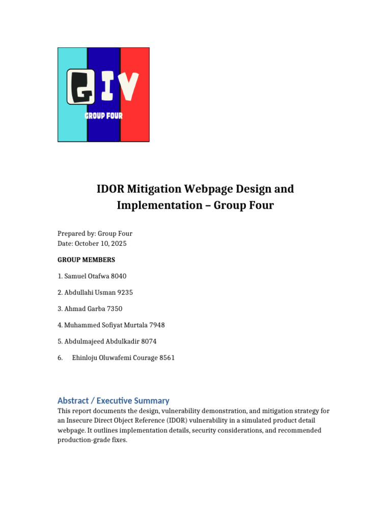 IDOR Mitigation Webpage Design and Implementation Group Four FINAL ...