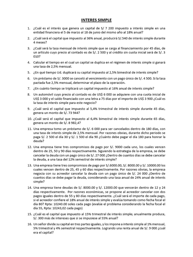 Ejercicios de Interés Simple y Cálculos Financieros | PDF | Interés | Deuda