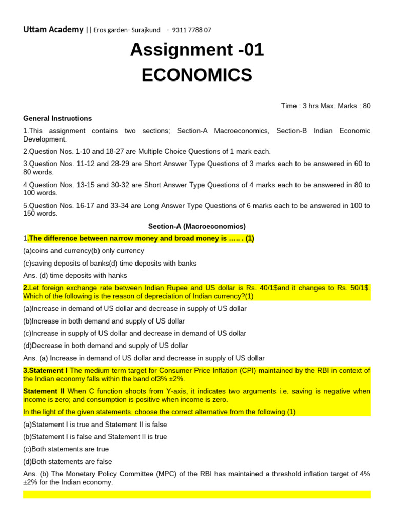 Economics Assignment for Uttam Academy | PDF | United States Dollar | Money