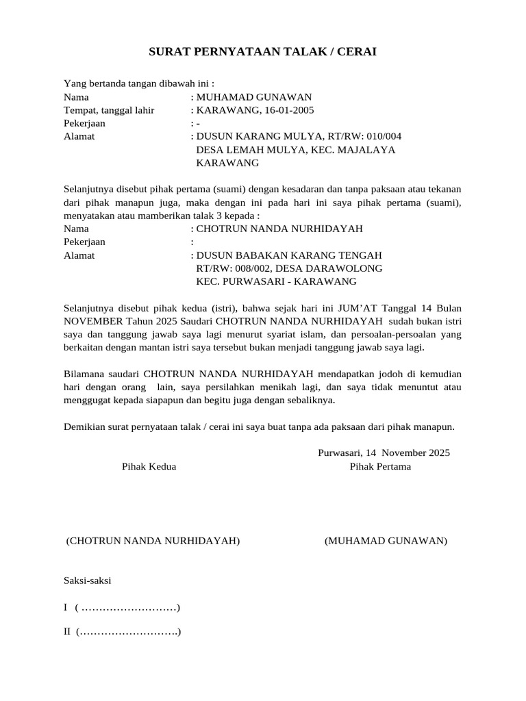 Surat Talak Cerai Muhamad Gunawan | PDF