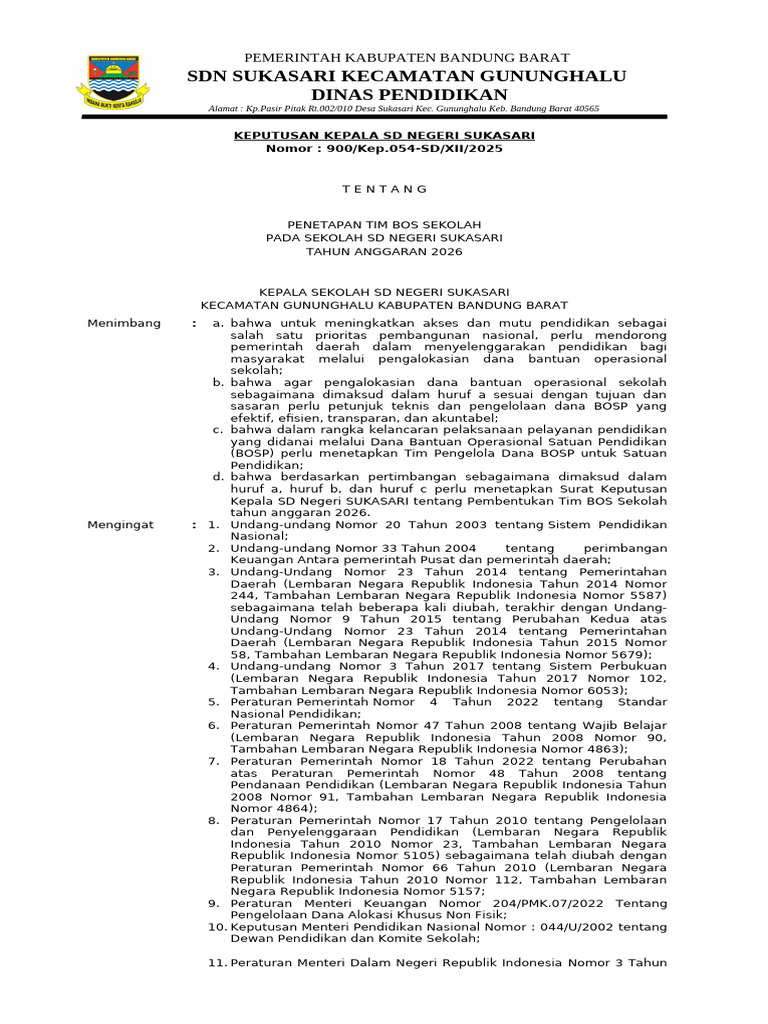 Tim BOS Sekolah SD Sukasari 2026 | PDF