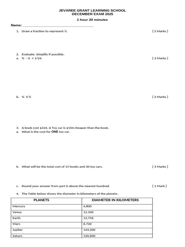 JEVAREE Grant School December Exam 2025 | PDF | Planets | Physical Sciences
