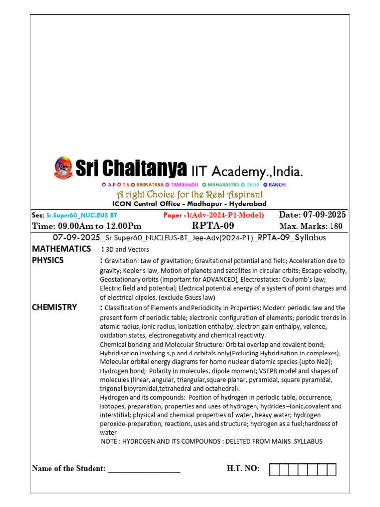 JEE Advanced 2024 Model Paper - Sri Chaitanya | PDF | Chemical Bond ...