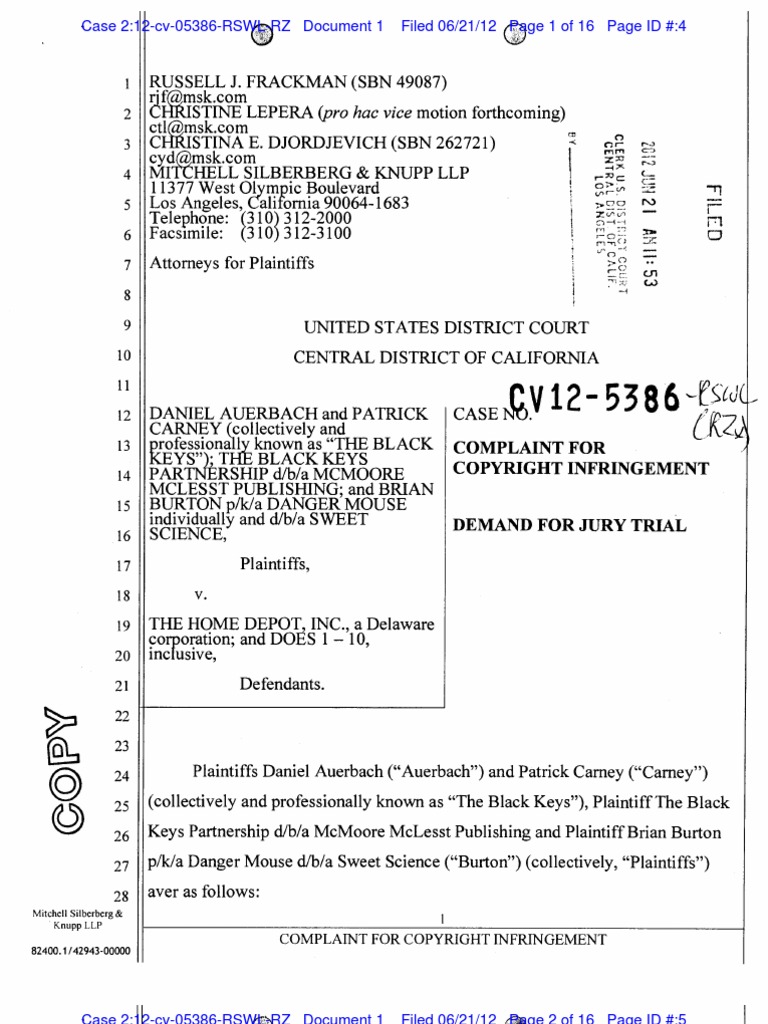 Black Keys Sue Home Depot and Pizza Hut Over Songs in Ads PDF