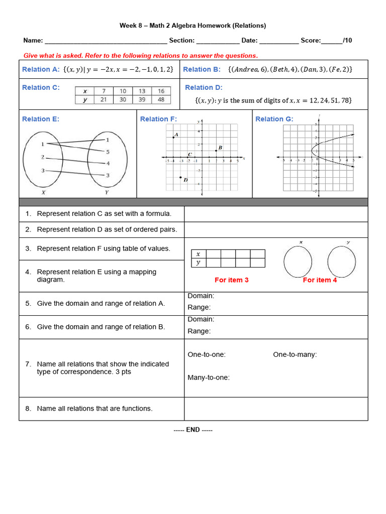 Week 8 Algebra Homework: Relations | PDF
