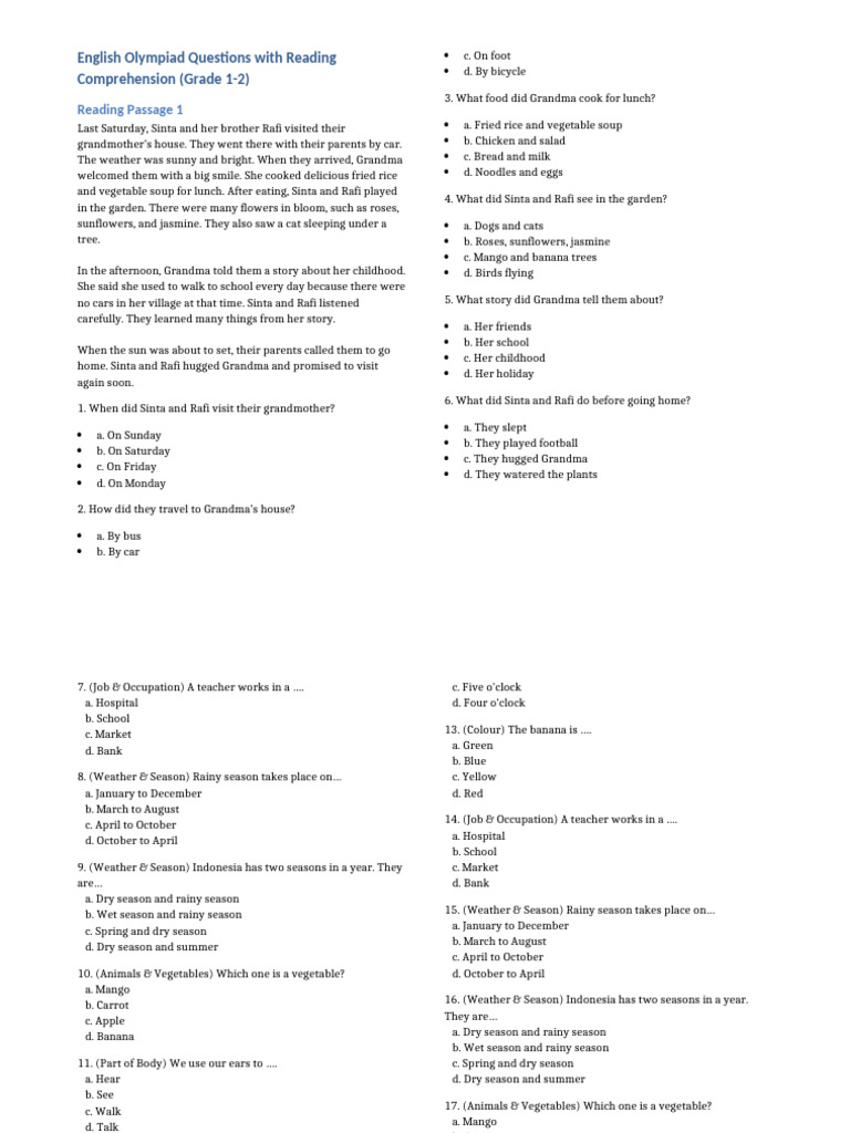 Grade 1-2 English Olympiad Questions | PDF | Wet Season | Lunch