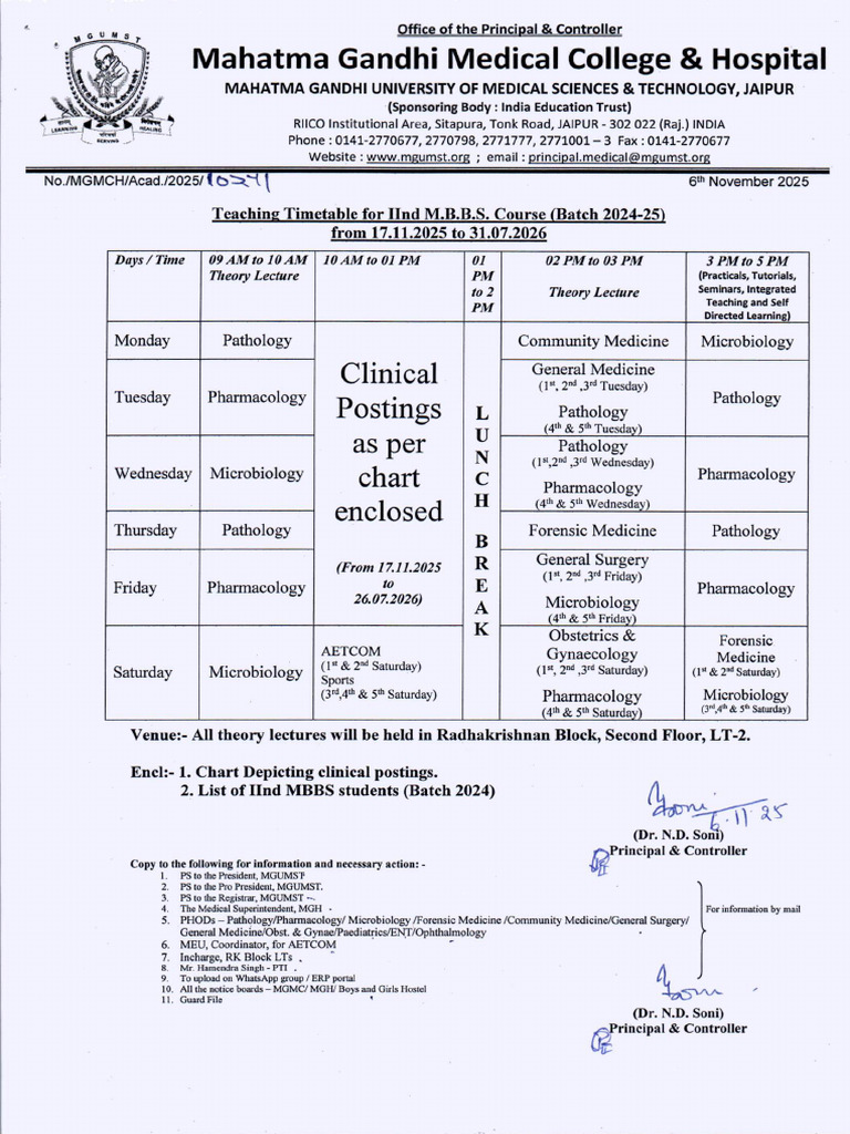 MBBS Teaching Timetable 2025-26 | PDF | Medicine | Health Care
