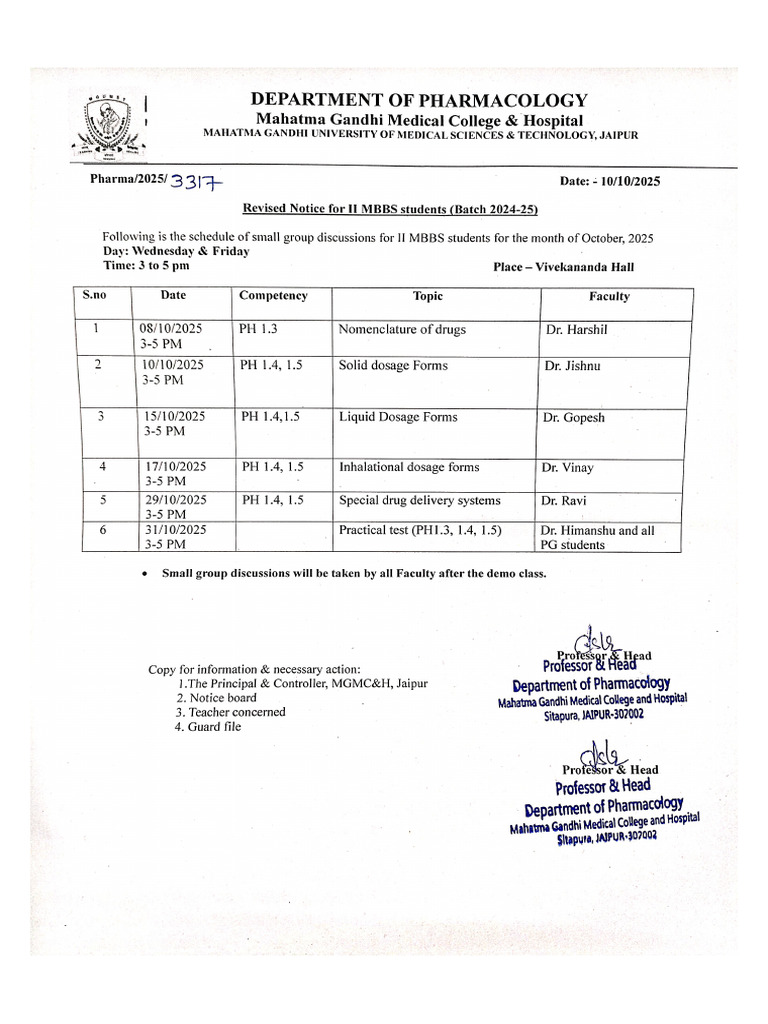 Revised Notice For MBBS LLND Students Batch (2024-25) Month of Oct ...