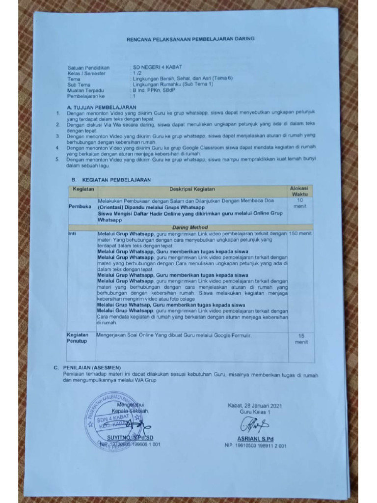 RPP Kelas 1 Dan Pengesahan | PDF
