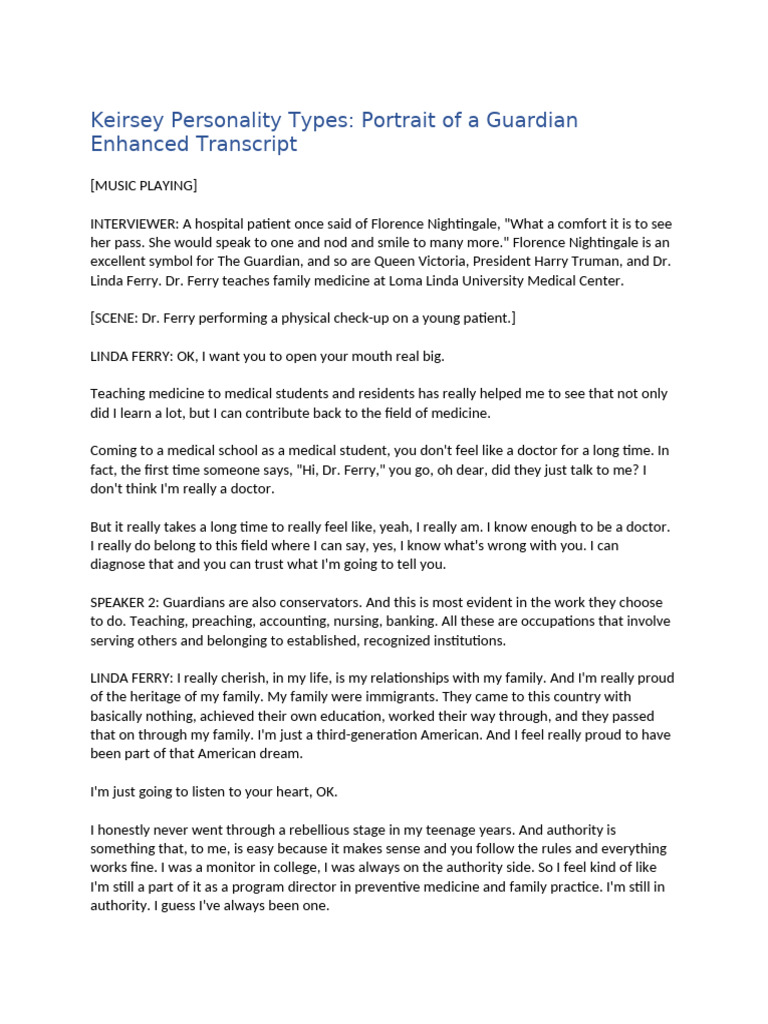 Keirsey Personality Types Portrait of a Guardian Enhanced Transcript ...