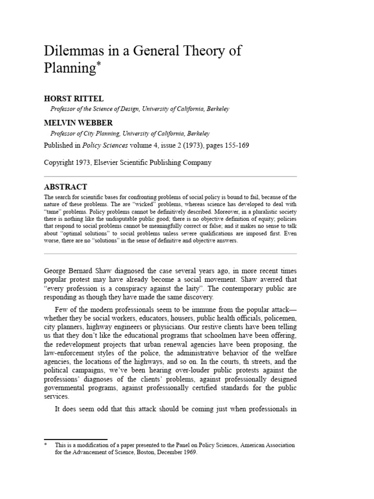 Rittel-Webber 1973 DilemmasInAGeneralTheoryOfPlanning | PDF | Crimes ...