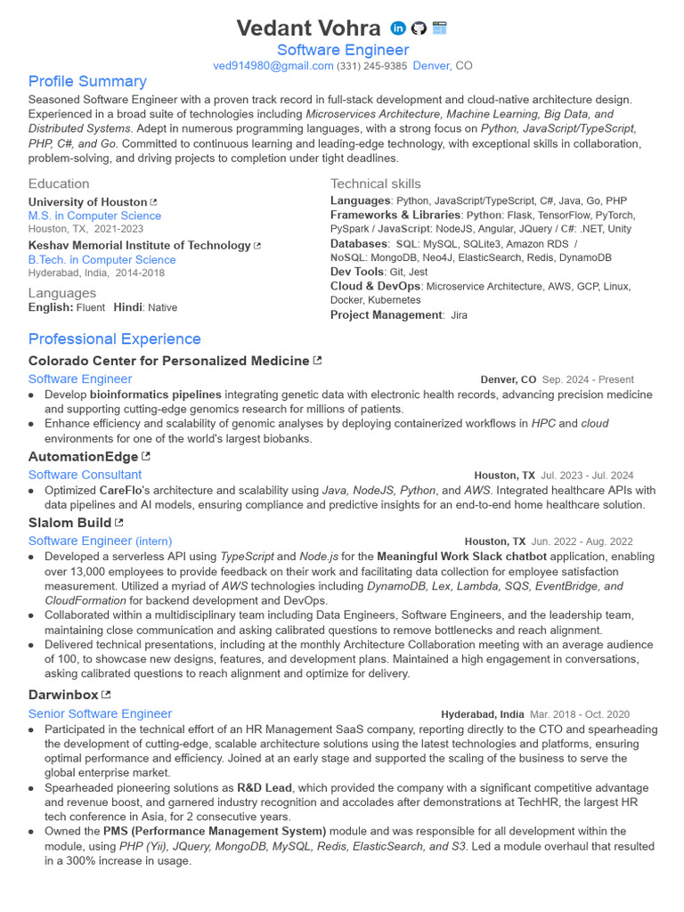 Software Engineer Profile: Vedant Vohra | PDF | Cloud Computing ...