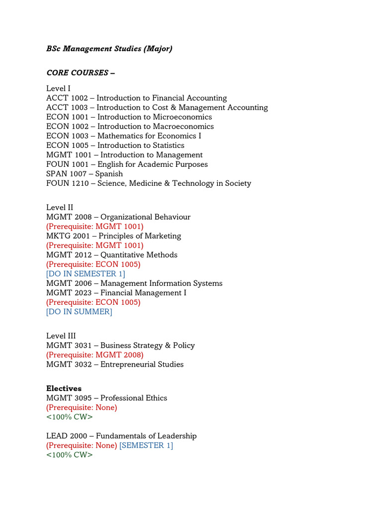 BSc Management Studies Core Courses | PDF
