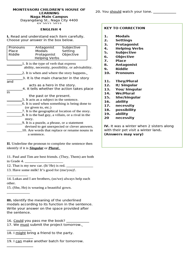 English 4 Grammar and Comprehension Guide | PDF | Verb | Grammatical Number