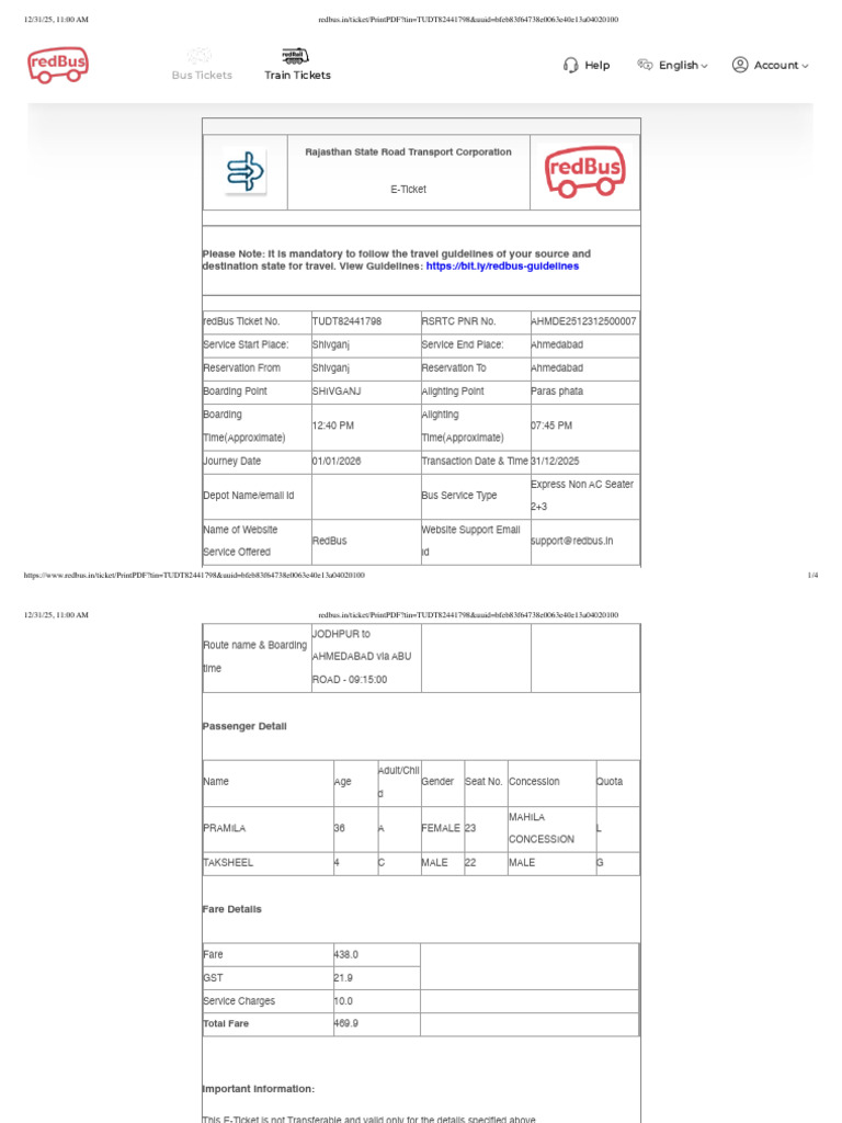 Redbus - in Ticket PrintPDF Tin TUDT82441798&Uuid | PDF | Fare | Payments