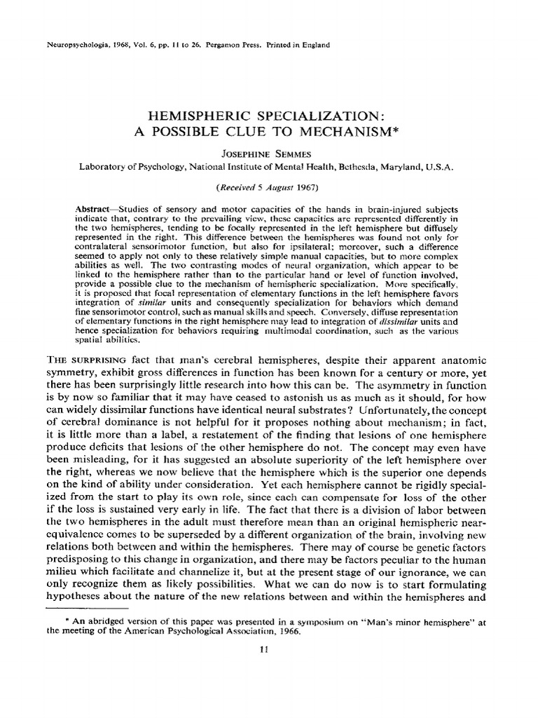 Hemispheric Specialization Mechanisms | PDF | Lateralization Of Brain ...