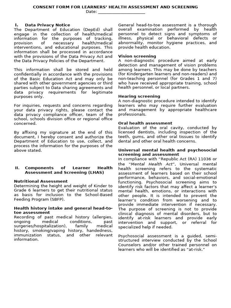 02 Consent Form for LHAS | PDF | Screening (Medicine) | Health Care