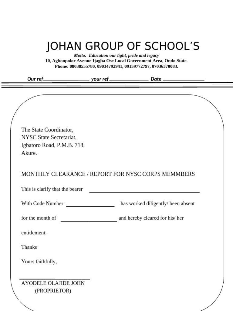Monthly NYSC Clearance Report Template | PDF