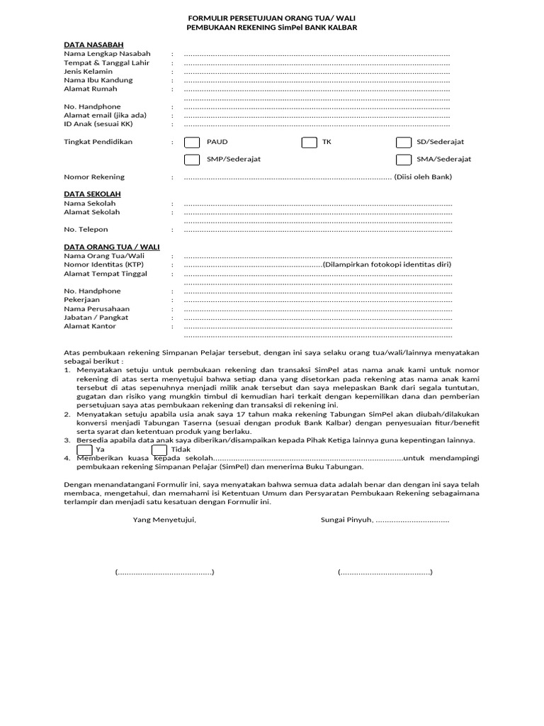 Formulir Persetujuan Rekening SimPel | PDF