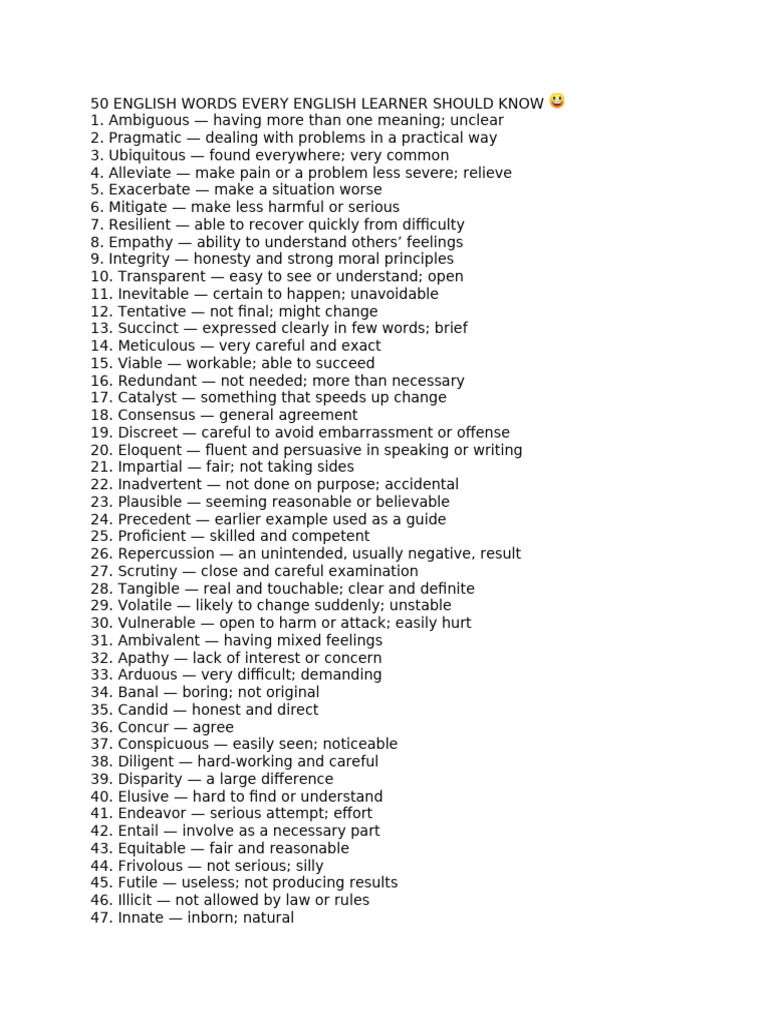 Essential 50 Words for English Learners | PDF