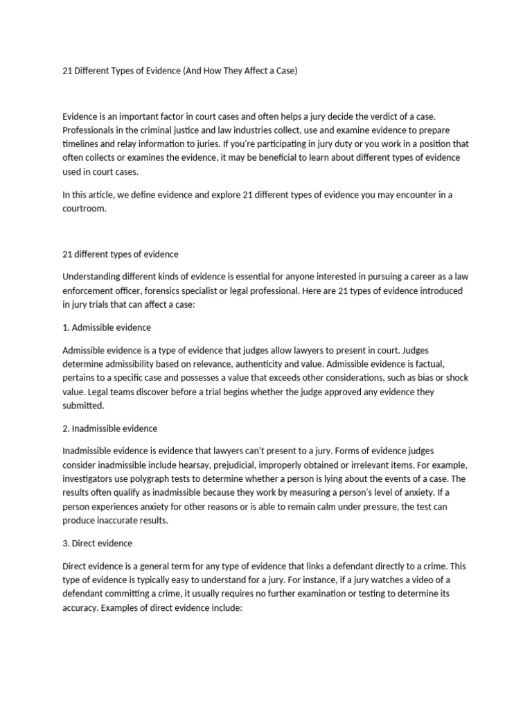 21 Types of Court Evidence Explained | PDF | Witness | Evidence