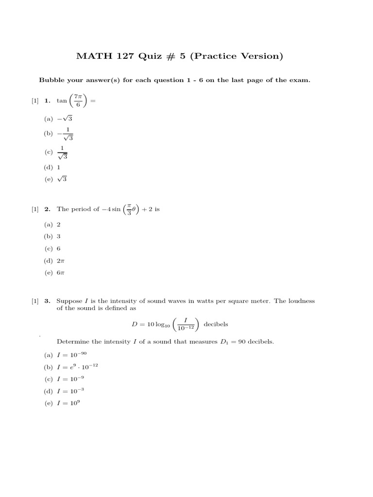 MATH 127 Quiz 5 Practice Questions | PDF