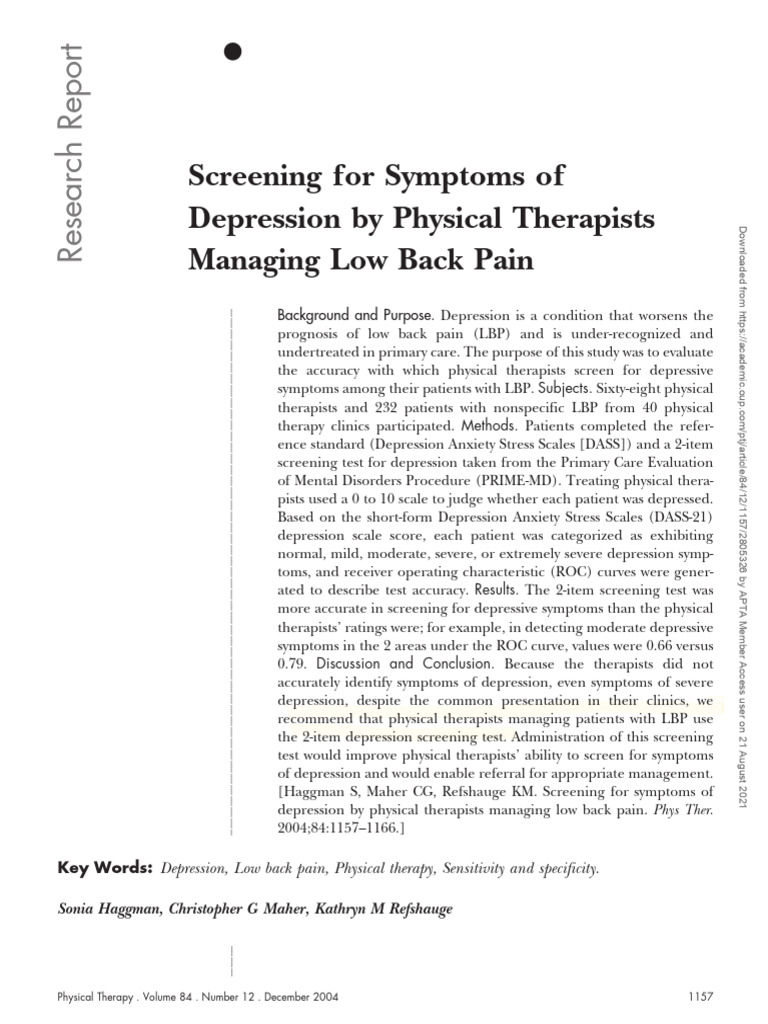 Depression Screening in Low Back Pain Therapy | PDF | Receiver ...