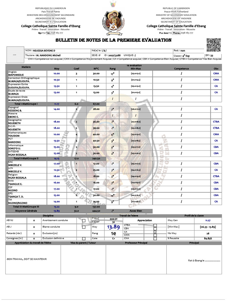 Bulletin de notes 2025/2026 - 4e Esp | PDF