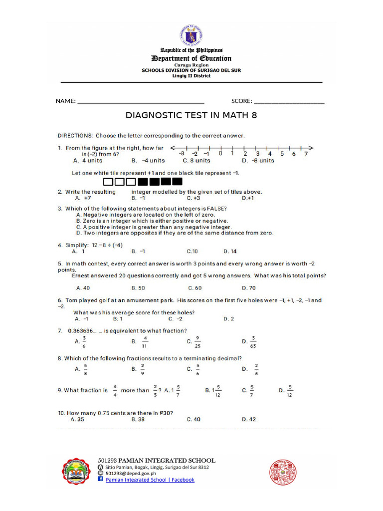 Math 8 Diagnostic Test Attendance | PDF