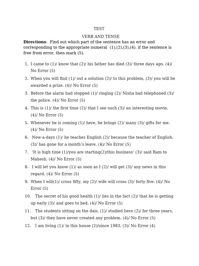 Verb Tense Error Correction Test | PDF | Syntax | Linguistics