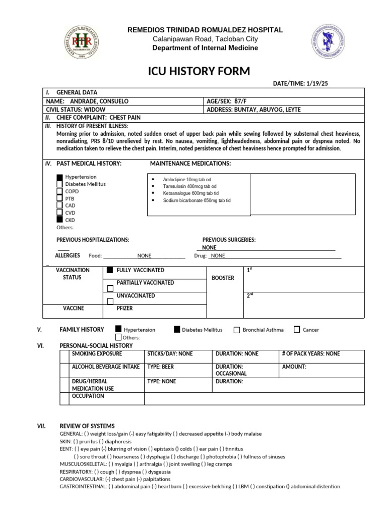 Icu History Andrade | PDF | Symptoms And Signs | Clinical Medicine