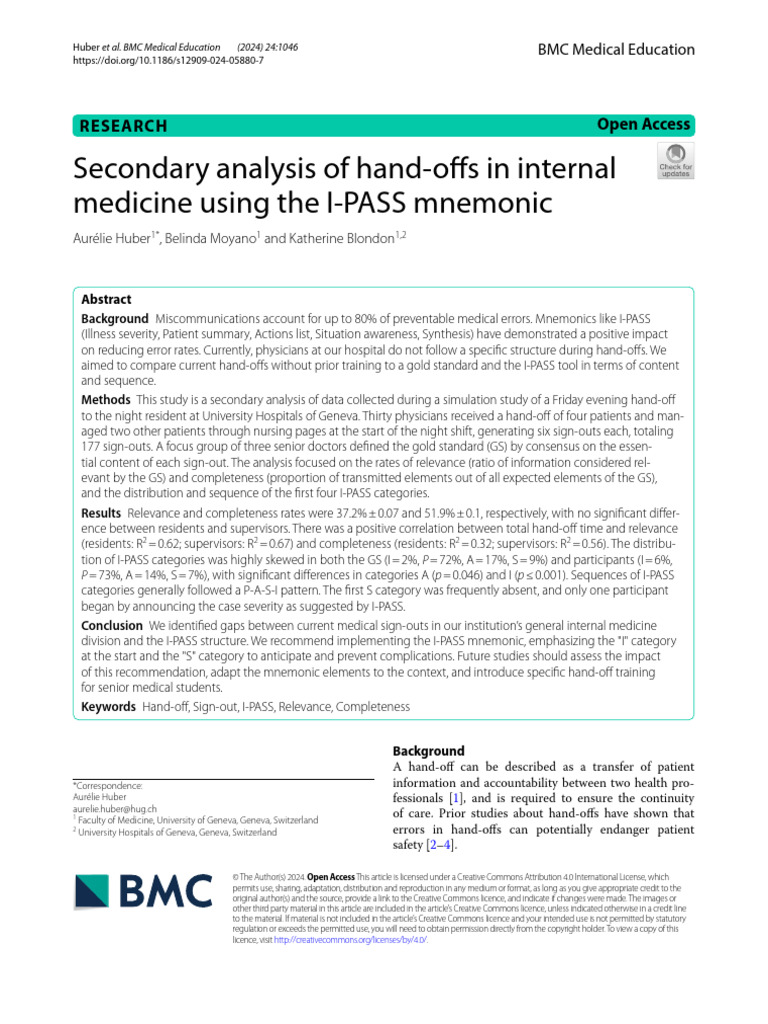 I-PASS Mnemonic in Internal Medicine Handoffs | PDF | Electronic Health ...