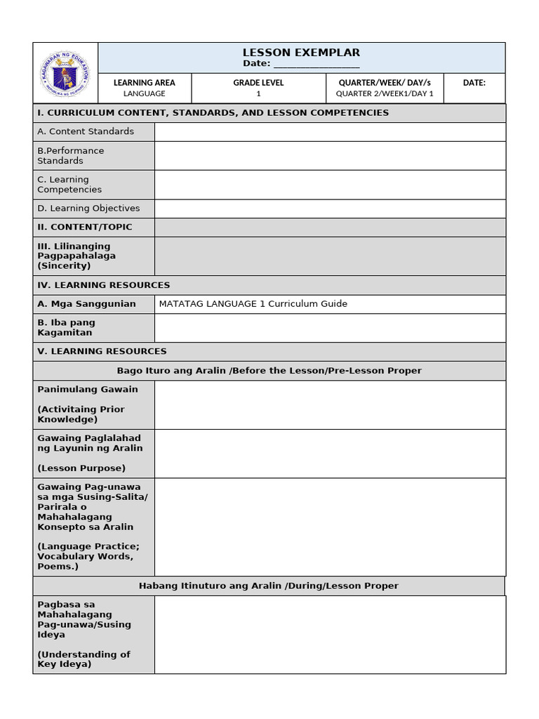 Lesson Exemplar Language Q2 Week 1 Sy 25-26 | PDF