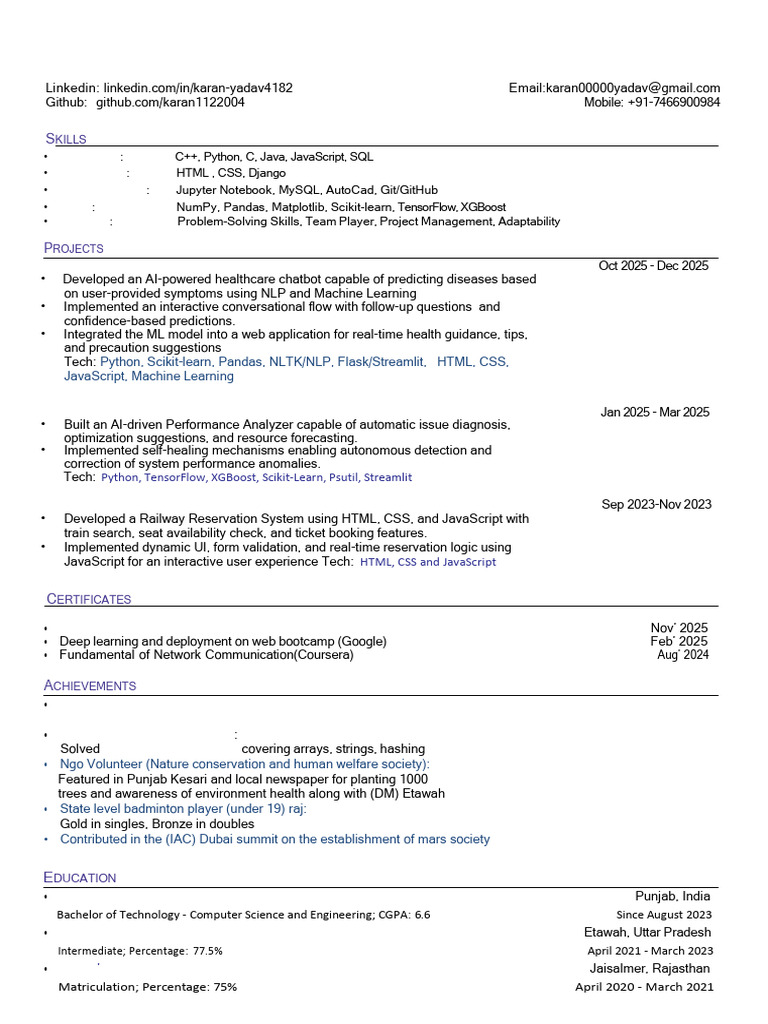 Karan Yadav - AI & Software Developer Profile | PDF | Computer Science ...