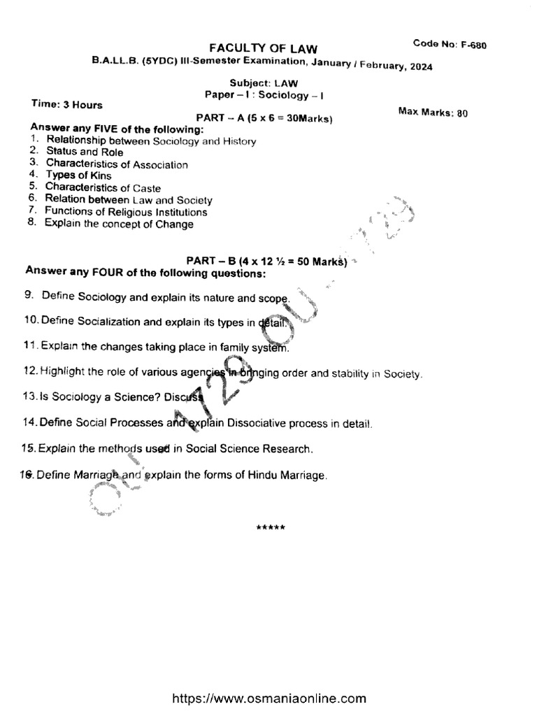 Ballb 3 Sem Law p1 Sociology 1 F 680 Feb 2024 | PDF