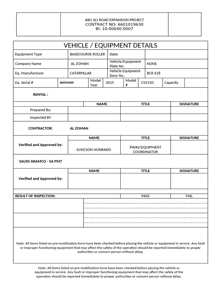 Pre-mobilization Go-By (Bcr 618) - Documentation Report | PDF | Vehicles