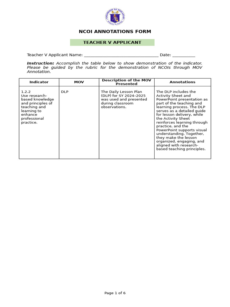 NCOI Annotations for Teacher V Application | PDF | Learning | Teachers
