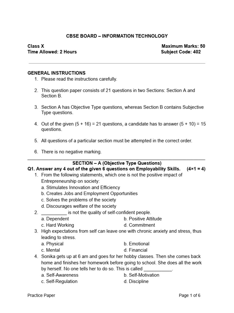 CBSE Class X IT Exam Practice Paper | PDF | Spreadsheet | Worksheet