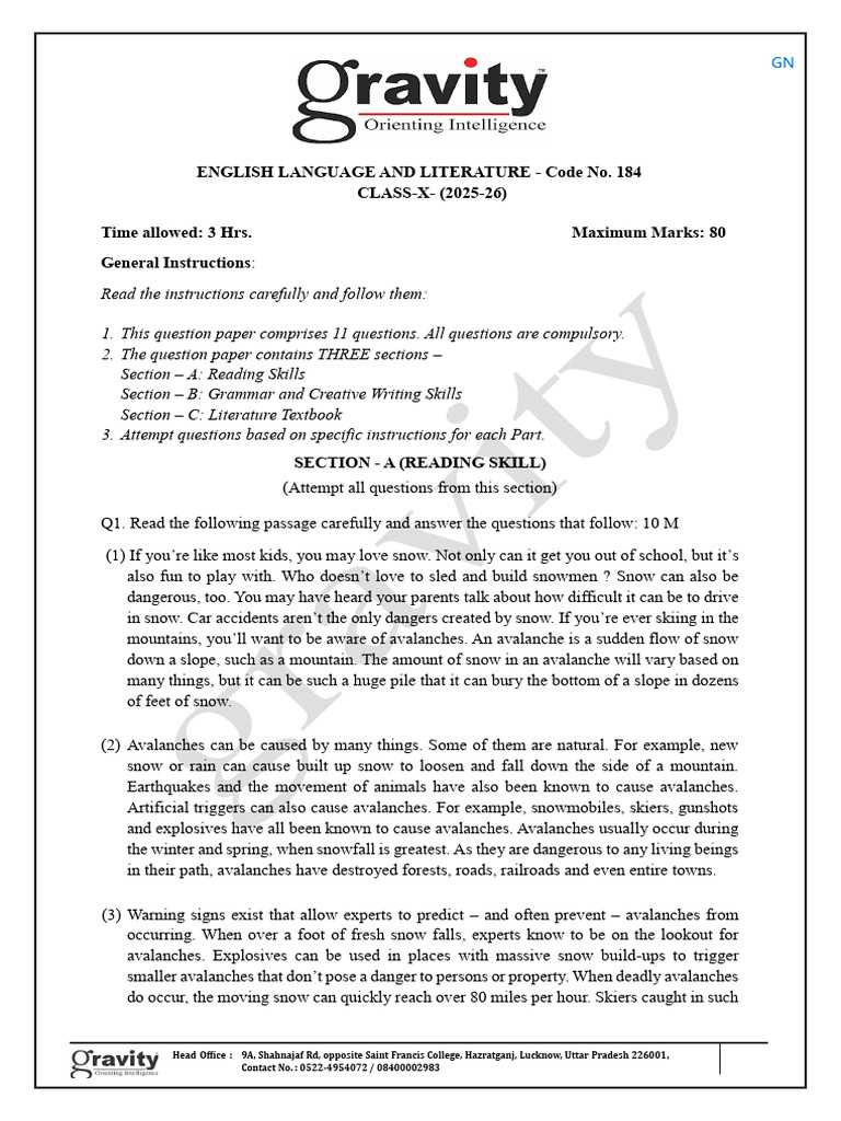 Gn x Cbse English Code 184 Fst 2 (10) | PDF | Snow | Traffic Congestion