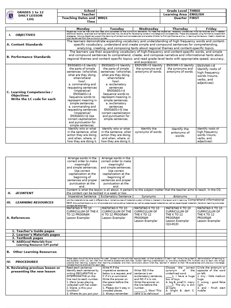 Weekly English Lesson Plan for Grade 3 | PDF | Sentence (Linguistics ...