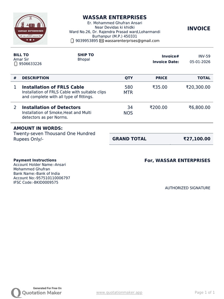 WASSAR ENTERPRISES Invoice INV-59 | PDF