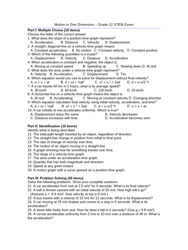 Grade 12 Motion in One Dimension Exam | PDF | Velocity | Acceleration