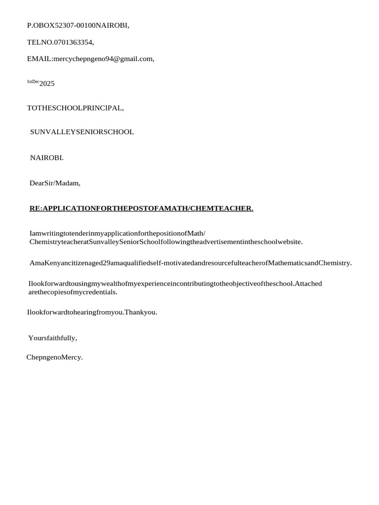 Math/Chemistry Teacher Application Letter | PDF