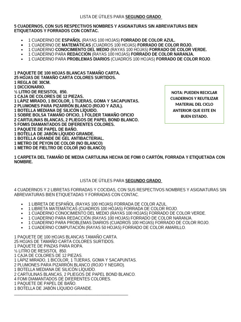 Útiles escolares para segundo grado | PDF | Papel | Materiales de impresión