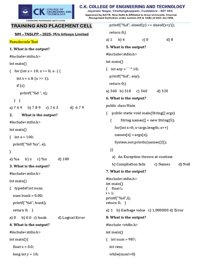 Infosys Pseudocode Test Questions | PDF | Indian Black Money | Money