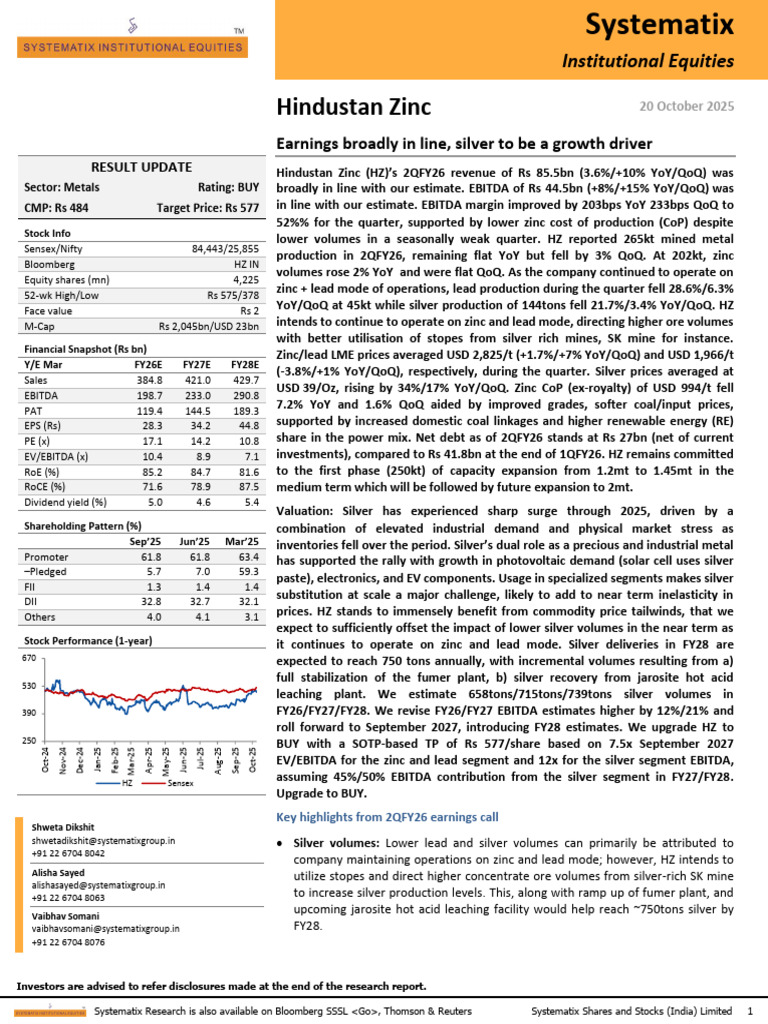 Systematix Sees 19% UPSIDE in Hindustan Zinc Earnings Broadly In | PDF ...