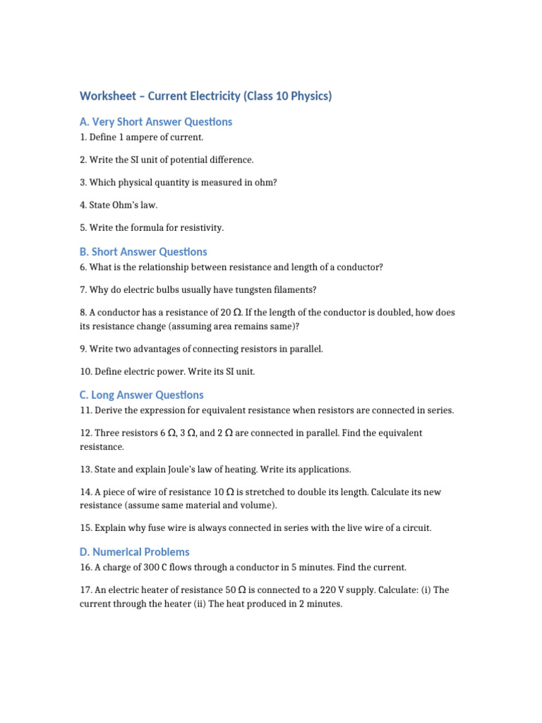 Class 10 Current Electricity Worksheet | PDF