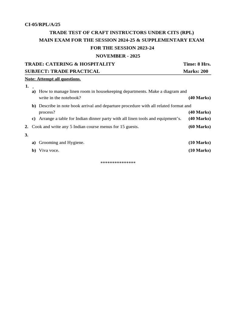 Catering & Hospitality Trade Test 2024-25 | PDF