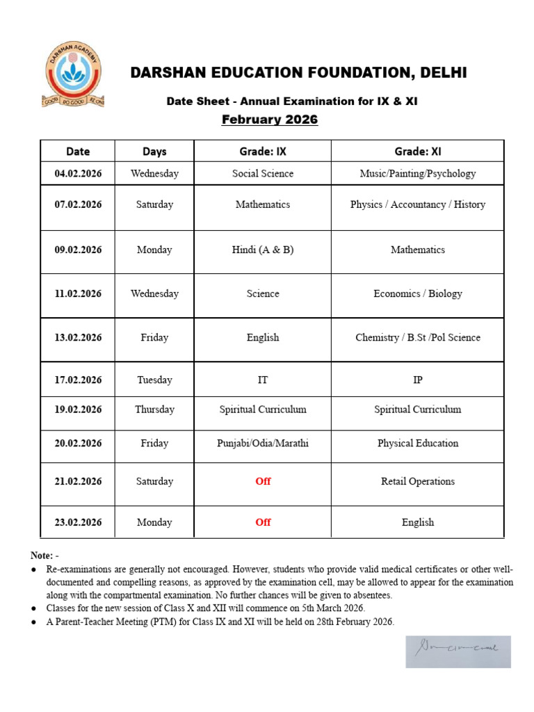 2026 IX & XI Exam Date Sheet - Darshan Education | PDF